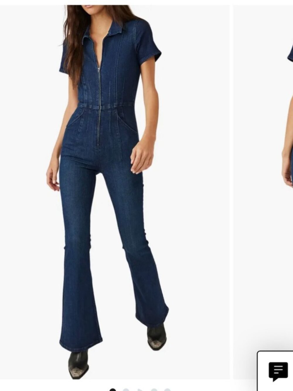 Free People We The Free Dark Blue Night Sky Jayde Flare Denim Jumpsuit Size L